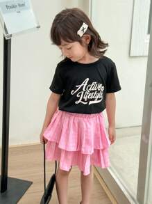 SHEIN Young Girls Casual Letter Pattern Short Sleeve T-Shirt & Mini Skirt Set - Multicolor - View 6