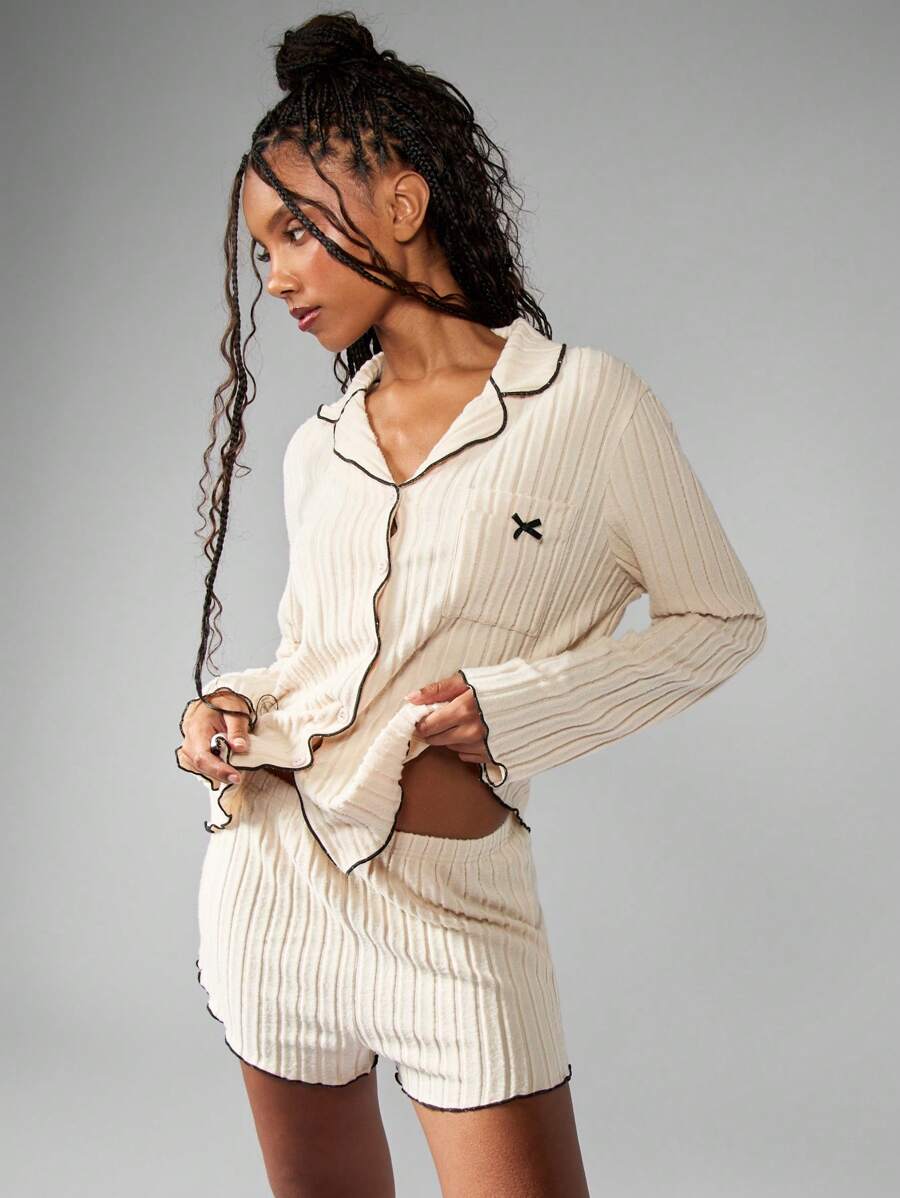 MISSGUIDED Ribbed Knit Button Front Loungewear Pajama Set With Black Piping Detail Cozy Sleepwear For Winter - Apricot - View 1