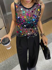 SHEIN Essnce 女士黑色休闲节日音乐节网眼透视串珠短款派对上衣