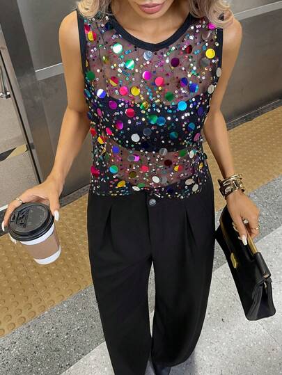 SHEIN Essnce Damen schwarzes lässiges Urlaubsparty-Netz-Transparenz-Top mit Perlenbesatz für Musikfestivals