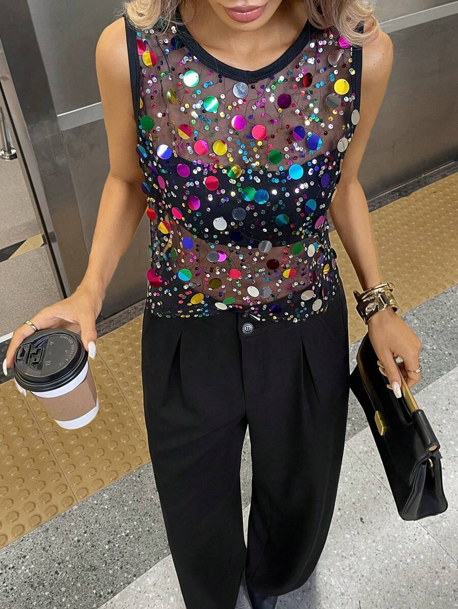 SHEIN Essnce 女士黑色休闲节日音乐节网眼透视串珠短款派对上衣