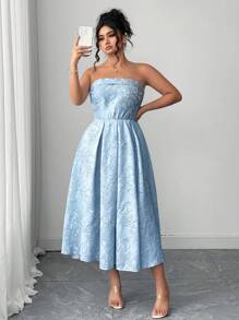 Elenzga Plus Size Elegant French Romantic High-End Luxury Style Sexy Waist Cinched Fitted Jacquard Flare Dress, Prom Baby Blue Strapless Dress Light Blue Elegant Dress Blue Formal Dress Elegant Summer Dress Strapless Jacquard Dress