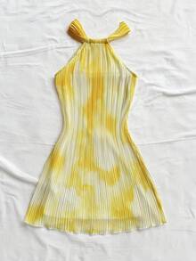 Soleia 女士彩色扎染花卉褶皱印花无袖 A 字形宽松迷你连衣裙，度假风 - 彩色 - 查看 2