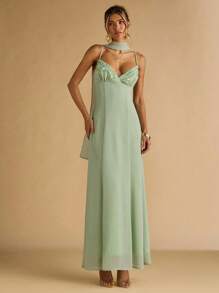 SHEIN BAE Spring And Summer Women's Solid Green Chiffon Exquisite Floral Pattern Hot Rhinestone Ribbon Decoration Elegant Maxi Dress, Vacation Dress ,Birthday Dress - Green - View 6