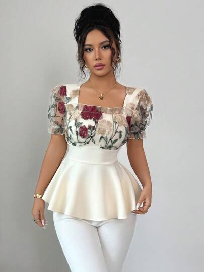 Elenzga Women's Spring/Summer Fashion Elegant Square Collar 3D Mesh Embroidered Sunflower Waist Cinched Puff Sleeve Blouse, Court Style Suitable For Dates, High-End Exquisite Mini A-Line