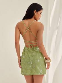 SHEIN PETITE Summer Women's Festival Outfits Backless Sequin Jacquard Green Resort Mini Dress,Mint Green Dress - Green - View 7