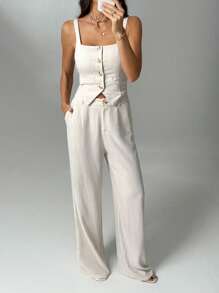 SHEIN Tall Set de 2 piezas de mujer elegante para una cita: Top de tirantes con cuello cuadrado y botones y pantalones anchos de pierna ancha