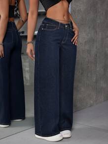 SHEIN ICON Women's Loose Fit Patch Pocket V-Shape Low Waist Wide Leg Casual Jeans - Dark Wash - View 4