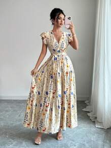 Elenzga Neues Ditsy Blumen Modell Lässig Urlaubs Kleid mit geraffter Taille, Kreuzausschnitt, ausgestelltem Schnitt und Flatterärmeln, Sommer - Verschiedenfarbig - Übersicht 7