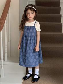 DAZY Rochie din denim texturat, stil coreean, spălată, pentru fete (mică)