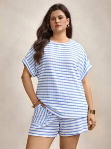 SHEIN LUNE Plus Size Women Striped Round Neck Batwing Sleeve Top And Shorts 2 Pieces Set,Blue And White Summer Smart Casual Holiday Office Outfits Fall Clothes - Blue and White - View 7