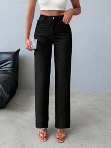 EURMUSE 100%Cotton High Waist Straight Leg Jeans - Black - View 4