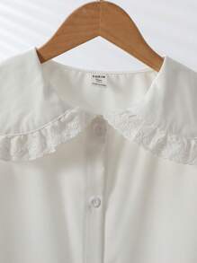 SHEIN 彼得潘领蕾丝边时尚宽松长袖白色衬衫上衣，休闲时尚春秋 - 白色 - 查看 7