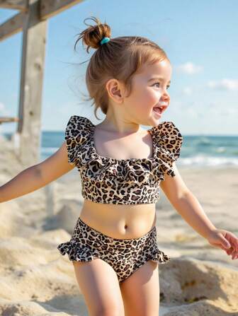 Latest Fashion Baby Girls 2 Pieces Leopard Print Ruffle Trim Bikini Set