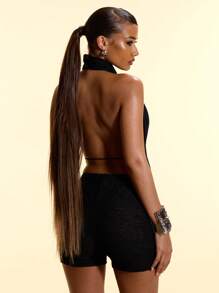 MUSERA Textured High Neck Asymmetric Open Back Tie Front Top Vacation Holiday Festival Ibiza Boho Sexy Club Rave Aftershow Cute Birthday Going Out Club  Party - Black - View 4