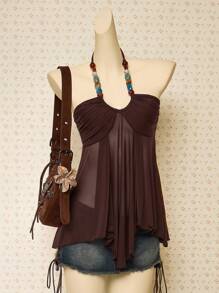 SHEIN ICON Y2k Halter Western Boho Vintage Brown Country Concert Babydoll Flowy Beaded Women's Beaded Tie-Up Ruched Áo ba lỗ hở vai thời trang, Mùa hè - Nhiều màu - Xem 3