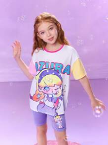 Pop Mart Azura X SHEIN Tween Girl Cartoon Pattern Contrast Color Dream Cute Casual Short Sleeve T-Shirt And Fitted Shorts Set