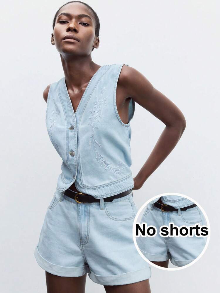 SHEIN Maija Women's Light Blue Denim Vest Exquisite Plant Embroidered Top Summer Vacation Wear, Old Money Style Suit, Going Out, Vintage