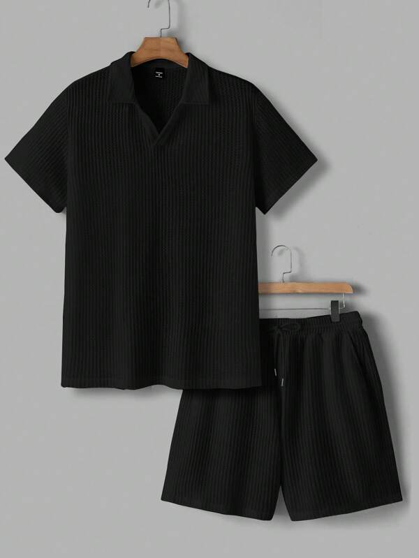 HIMLAND Herren Lässig Set aus geripptem Kurzarm Poloshirt und Shorts für den Sommer