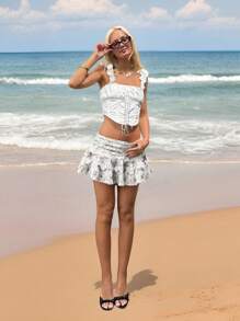 SHEIN ICON 女士花卉印花荷叶边下摆迷你裙，适合节日穿着