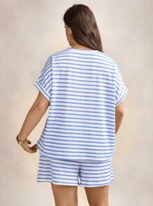 SHEIN LUNE Plus Size Women Striped Round Neck Batwing Sleeve Top And Shorts 2 Pieces Set,Blue And White Summer Smart Casual Holiday Office Outfits Fall Clothes - Blue and White - View 8