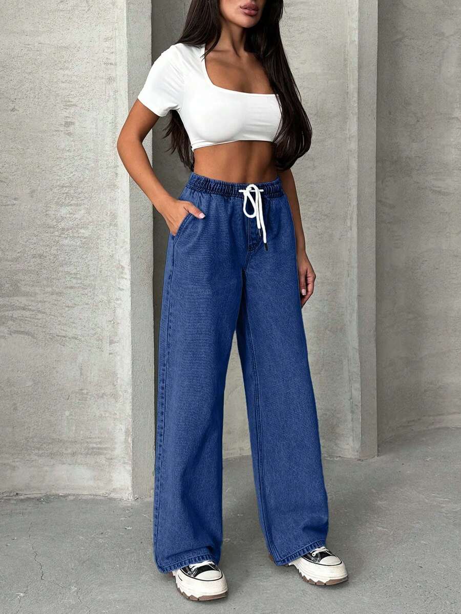 EURMUSE Casual Washed Drawstring Waist Straight Leg Jeans - Medium Wash - View 1