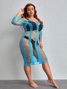 SHEIN Classic Sexy 1 pieza Vestido sexy de talla grande para mujer con hombros descubiertos y mangas 3/4 de malla