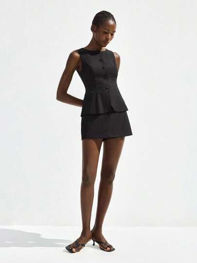 Maija Women's Sleeveless Round Neck Metal Buckle Decor Jumpsuit, Casual Elegant Urban Style, Versatile For Daily Wear, St. Patrick's Day, Spring Break, Easter, Music Festival, Gathering, Party