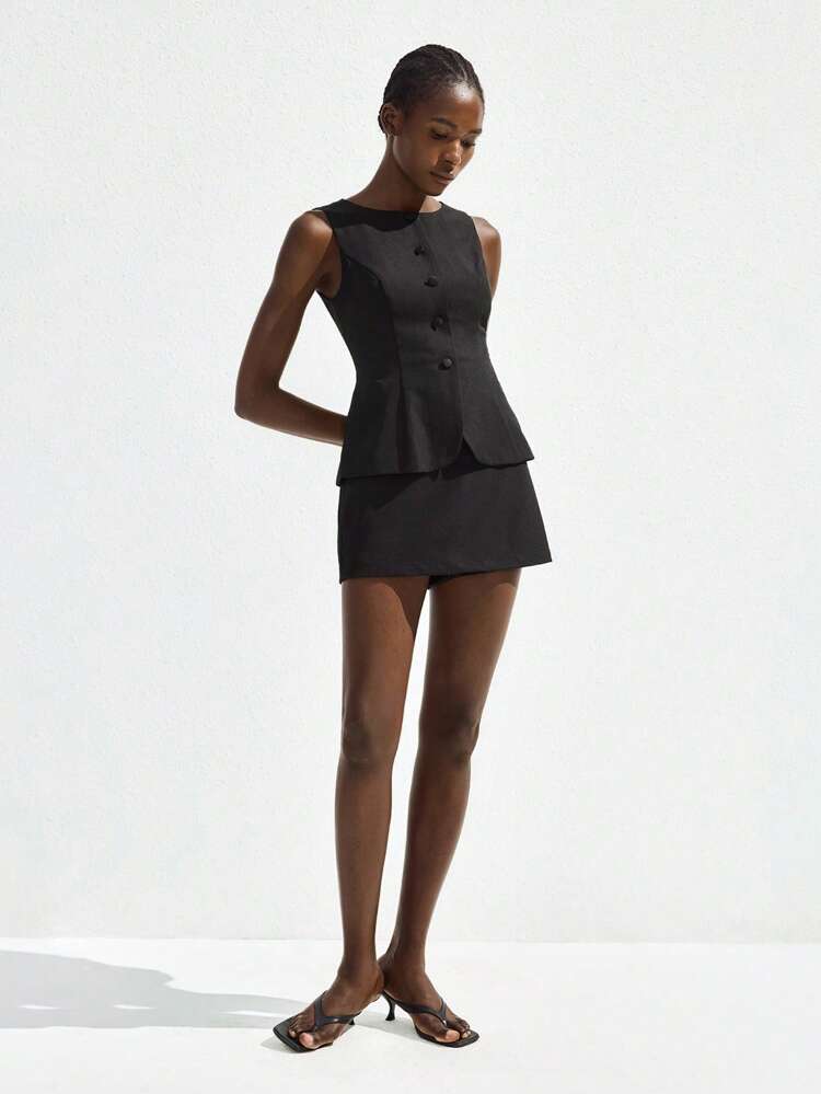 SHEIN Maija Women's Sleeveless Round Neck Metal Buckle Decor Jumpsuit, Casual Elegant Urban Style, Versatile For Daily Wear, St. Patrick's Day, Spring Break, Easter, Music Festival, Gathering, Party