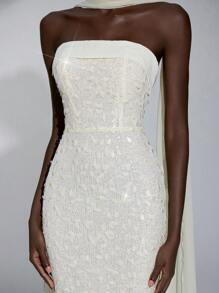 Elitara 优雅杏色奢华 3D 亮片装饰直筒长裙，可拆卸肩带，适合约会、度假、单身派对、生日、毕业典礼、婚礼、正式晚会 - 杏色 - 查看 8