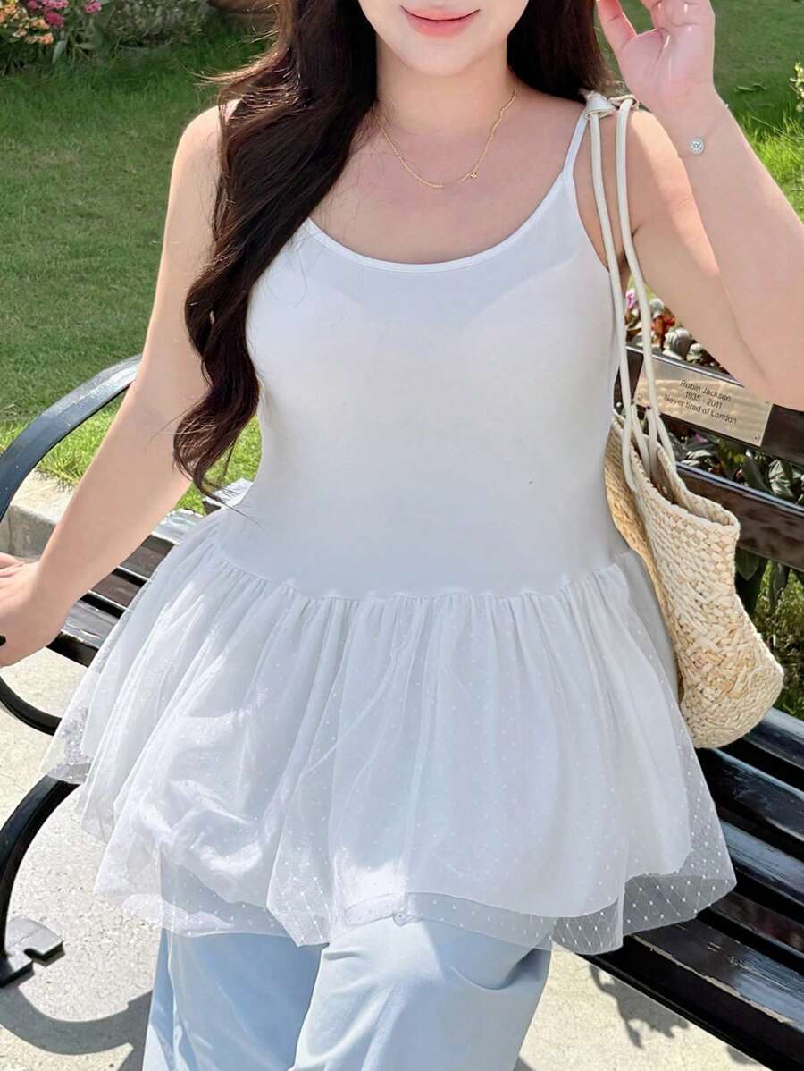 Dazy Plus Plus Size White Mesh Patchwork Tank Top,Babydoll Top - White - View 1