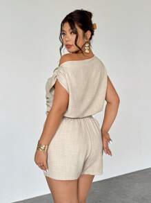 Firerie 2pcs Plus Size Women Linen Color Asymmetrical Shoulder Ruched Blouse And Shorts Set, With Pockets, Lightweight, Comfortable, Fit For Spring/Summer/Autumn, Suitable For Commute, Elegant, Casual, Beach, Bohemian, Hawaii,Two Piece Set Women