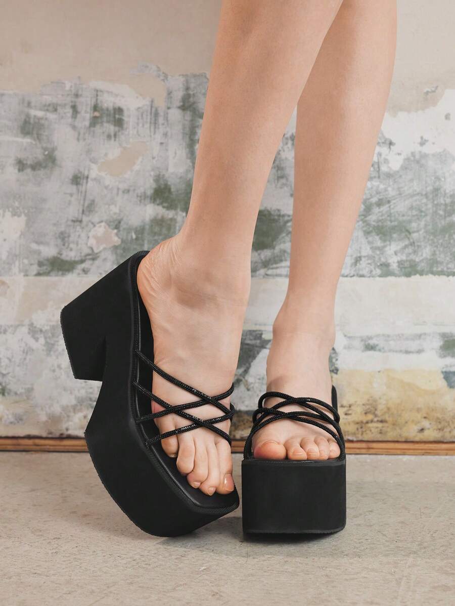 Sugerpunk 女式高跟厚底方头朋克风格凉鞋，黑色，带水钻简约系带，适合夏季服装 - 黑色 - 查看 1