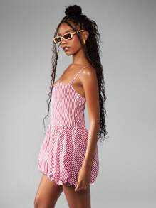 MISSGUIDED Bubble Hem Mini Dress Sweetheart Neckline Candy Stripe Summer Balloon Spaghetti Strap Party Club Beach Vacation Dress - Red - View 3