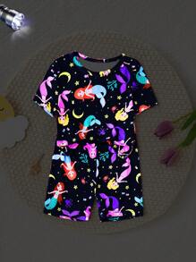 少女舒适夜光独角兽印花短袖上衣和短裤两件套睡衣套装 - 彩色 - 查看 3