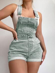 SHEIN ICON Quần yếm denim không tay thời trang thường ngày cỡ lớn đã giặt - màu xanh lá - Xem 2