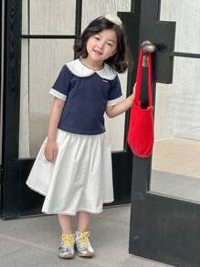 DAZY Young Girls POLO Collar Colorblock Korean-Style T-Shirt And Solid Color Skirt 2 Pieces Set,Girls Summer Outfits - Blue - View 5