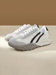 CUCCOO EASI 女士拼布设计圆头平底运动鞋，时尚舒适 PU 皮革灰色运动鞋，适合日常室内外穿着 - 淺灰色 - 查看 2