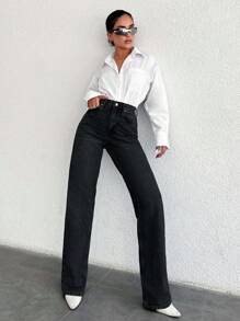 SHEIN PETITE 100%纯棉高腰直筒牛仔裤 PETITE - 黑色 - 查看 5