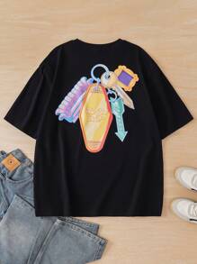 Heymoonly FRIENDS X SHEIN Men's Casual Key Print Loose Drop Shoulder Short Sleeve Black T-Shirt, Summer Friends Tv Show T-Shirt Friends Tshirt How You Doin T-Shirt Oversized Graphic Tee Graphic Tees Men - Black - View 1