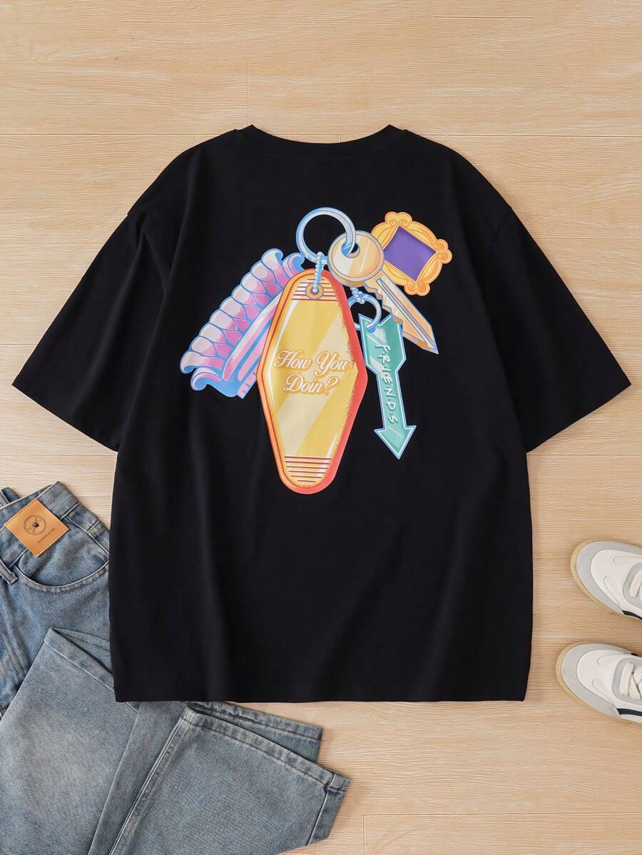 Heymoonly FRIENDS X SHEIN Men's Casual Key Print Loose Drop Shoulder Short Sleeve Black T-Shirt, Summer Friends Tv Show T-Shirt Friends Tshirt How You Doin T-Shirt Oversized Graphic Tee Graphic Tees Men - Black - View 1