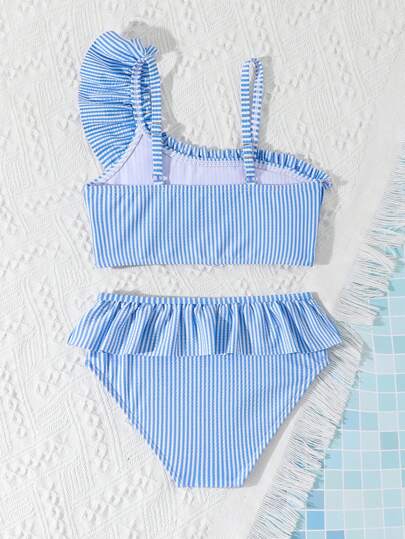 Bộ đồ bơi bikini 2 mảnh cho bé gái, sọc xanh trắng dễ thương, không đối xứng, dây đeo vai có thể điều chỉnh, đồ bơi