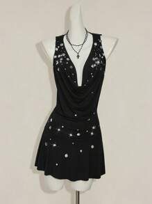 SHEIN ICON 闪亮连帽连衣裙 A 字性感迷你连衣裙，适合音乐节、派对和休闲日常穿着秋季女装 - 黑色 - 查看 2