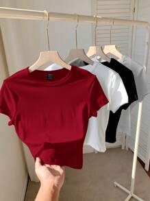 SHEIN Tall CURVE Plus Size 4pcs Solid Color Short Sleeve Slim Fit Round Neck T-Shirt Set, Suitable For Summer - Multicolor - View 2