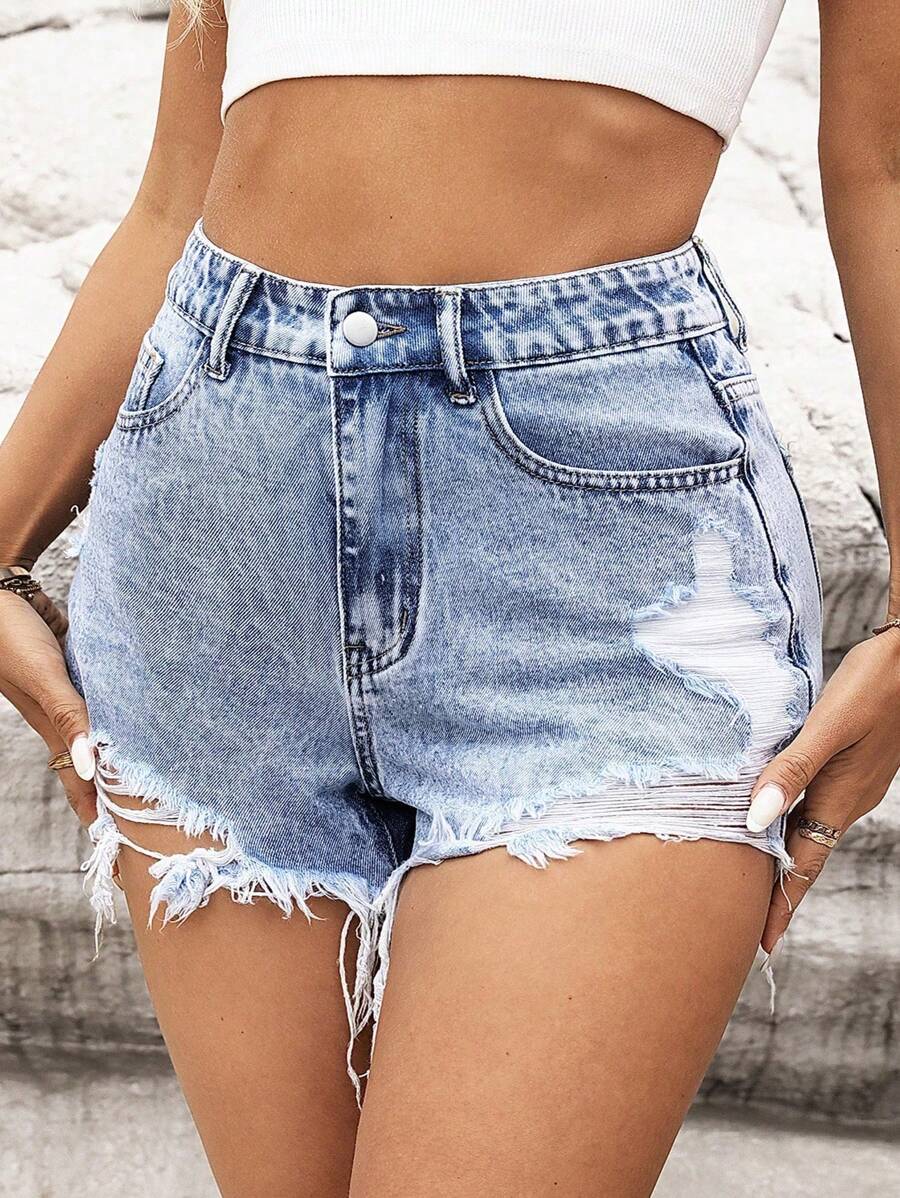 EMERY ROSE Plus Size Women's Summer Non-Stretch Distressed Raw Hem Denim Shorts - Blue - View 1