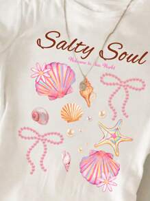 SHEIN Salty Soul 海星贝壳珍珠蝴蝶结设计，青少年女孩修身休闲简约舒适圆领短袖 T 恤，适合夏季假期、清凉假期 - 彩色 - 查看 3