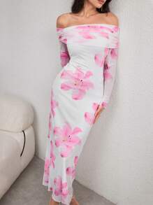 Modelyn 女士加长露肩浪漫热带花卉印花弹力网眼优雅度假修身连衣裙 - 彩色 - 查看 7