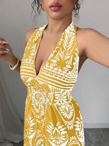 Elenzga Women's Casual Vacation Backless Bohemian Style Summer Outfit Off-Shoulder Romper - Yellow - View 5