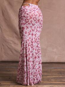 Musera Resort Floral Mesh Ruched Waist Maxi Skirt Cover Up Summer, Ibiza Fits, Holiday, Vacation, Sexy, Romantic, Beach Swim Elegant Festival Sagrada