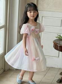 DAZY Girls (Small) Gradient Bow Decor Puffy Sleeve Party Birthday Dress, Korean Style
